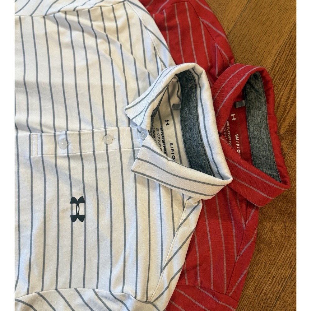 2 Mens Under Armour Playoff Polos Size Small Golf Red And White Striped